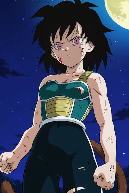 anime screencap, absurdres, high quality, official style,
gine, official style, ((vegeta outfit)), torn topwear, night, 1girl, solo, breasts, short hair, mountainous horizon, black hair, moon, small breasts, closed mouth, collarbone, blood on face, dirty face, pink eyes, torn bodysuit, torn clothes, spiked hair, bare arms, angry, cowboy shot, dirty, monkey tail, damaged saiyan armor, ((black bodysuit)), eyebrows, eyelashes, looking at viewer, single bare shoulder, green saiyan armor, tired, v-shaped eyebrows, fingernails, white trim, cowboy shot, star \(sky\), clenched hand, from below, anger vein, navel, open clothes, cleavage,
<lora:Gine_IL:0.8>