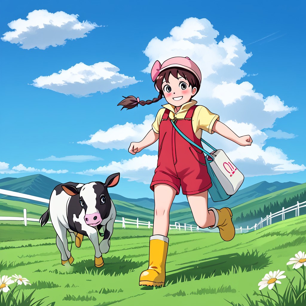 1girl, solo, Miku_Sorayama, brown hair, black eyes, braid, hair bow, bow, pink bow, blush, hat, bag, dress, overalls, boots, rubber boots, yellow boots, short sleeves, shirt, yellow shirt, smile, full body, running, grass, sky, blue sky,  cloud, cow, front view