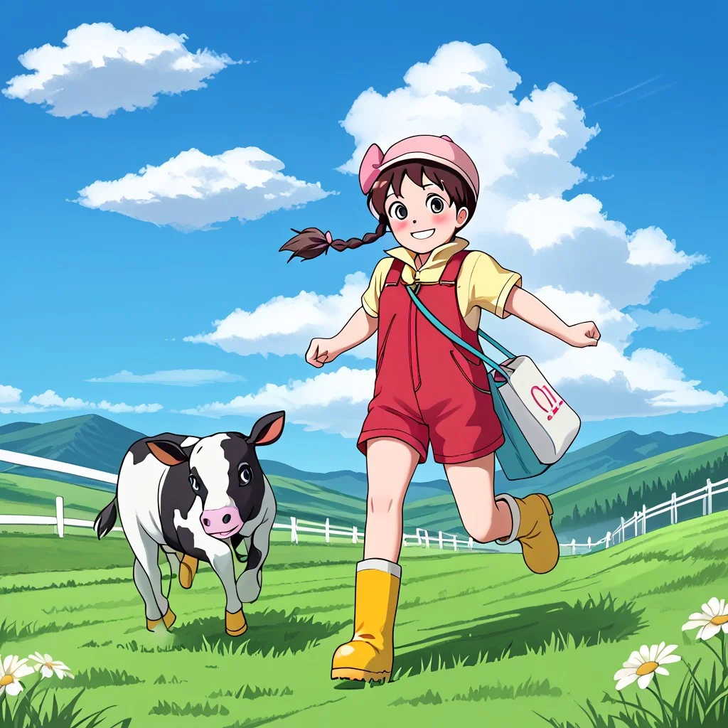 1girl, solo, Miku_Sorayama, brown hair, black eyes, braid, hair bow, bow, pink bow, blush, hat, bag, dress, overalls, boots, rubber boots, yellow boots, short sleeves, shirt, yellow shirt, smile, full body, running, grass, sky, blue sky, cloud, cow, front view