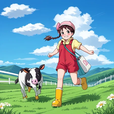 1girl, solo, Miku_Sorayama, brown hair, black eyes, braid, hair bow, bow, pink bow, blush, hat, bag, dress, overalls, boots, rubber boots, yellow boots, short sleeves, shirt, yellow shirt, smile, full body, running, grass, sky, blue sky, cloud, cow, front view