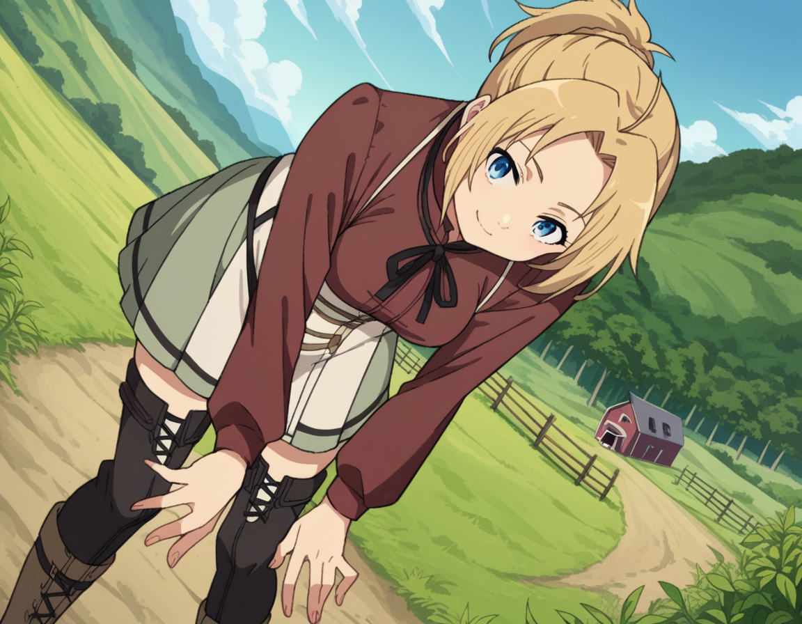score_9, score_8_up, score_7_up, source_anime,
zenithgreyrat, <lora:zenith-greyrat-s1-ponyxl-lora-nochekaiser:1>,
zenith greyrat, short hair, blonde hair, blue eyes, ponytail, ahoge,
skirt, shirt, thighhighs, long sleeves, ribbon, boots, black thighhighs, thigh boots, brown shirt,
outdoors, landscape, farm, bent over, smile,
looking at viewer, dutch angle, cowboy shot,