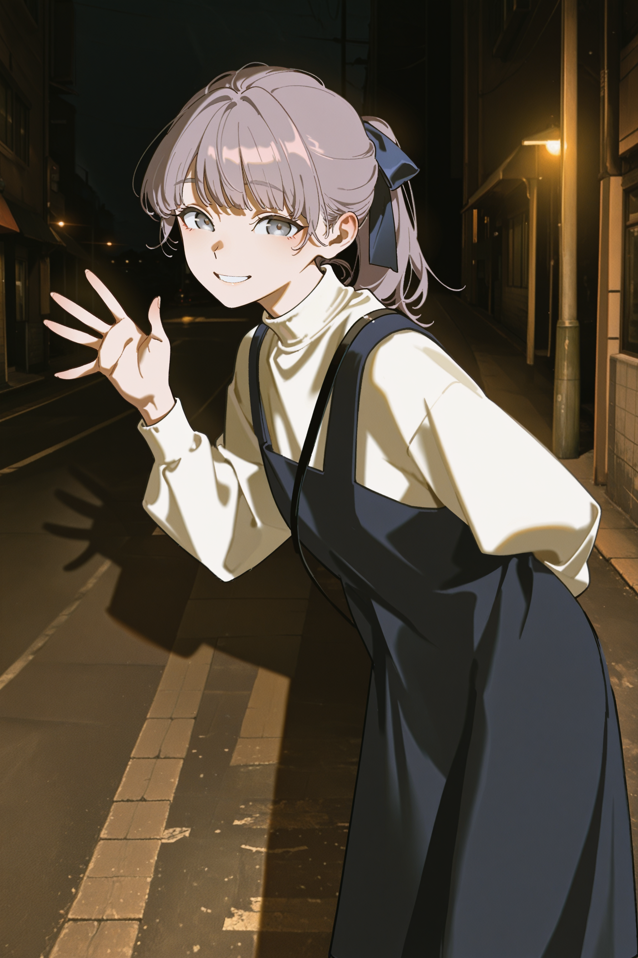 masterpiece, best quality, absurdres, safe
1girl, lapwing, grey hair, grey eyes, ponytail, hair ribbon,
pinafore dress, turtleneck, strap, arm behind back, 
smile, looking at viewer, head tilt, from side, waving, leaning forward,
dark background, [black background, : street, :0.3]
night, shadow, photo background, 
yoneyama mai, 
<lora:lapwing_il_2_d16:1>
<lora:front_lighting_il_2_d16_soft:1>
<lora:wide_shot_il_1_d32:0:hr=1>