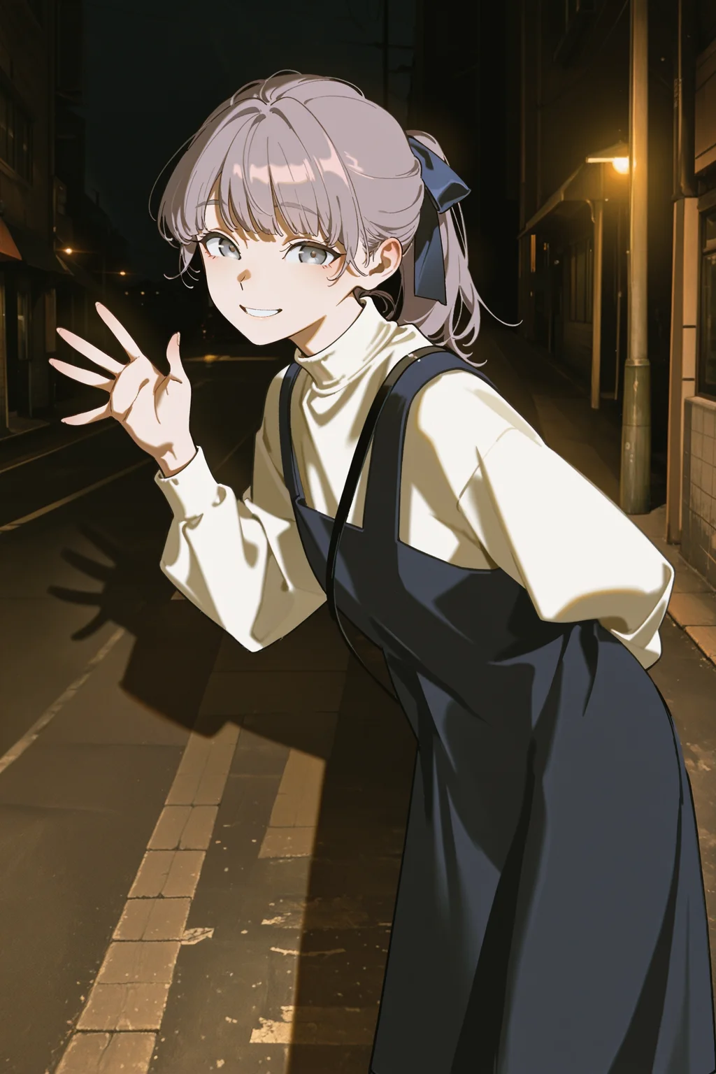 masterpiece, best quality, absurdres, safe
1girl, lapwing, grey hair, grey eyes, ponytail, hair ribbon,
pinafore dress, turtleneck, strap, arm behind back, 
smile, looking at viewer, head tilt, from side, waving, leaning forward,
dark background, [black background, : street, :0.3]
night, shadow, photo background, 
yoneyama mai, 
<lora:lapwing_il_2_d16:1>
<lora:front_lighting_il_2_d16_soft:1>
<lora:wide_shot_il_1_d32:0:hr=1>