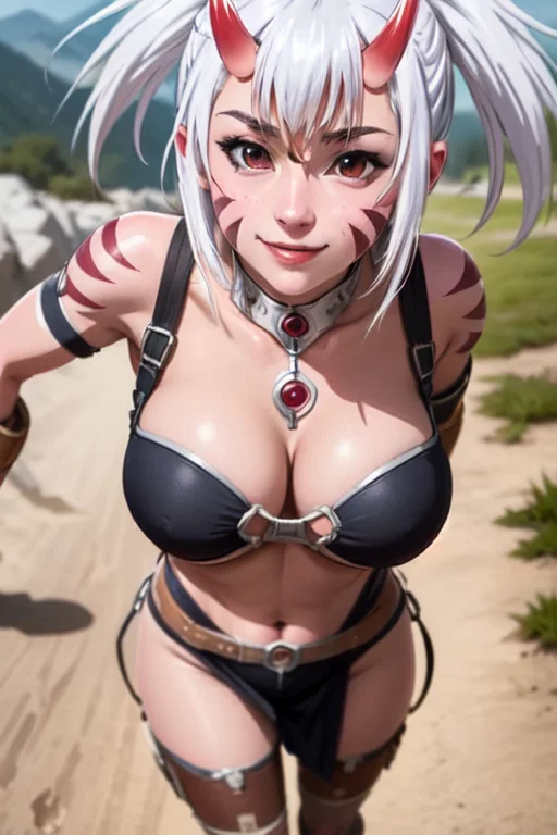 <lora:mimi:0.6>mimi, 1girl, solo, breasts, smile, red eyes, gloves, cleavage, medium breasts, white hair, horns, tattoo, colored skin, facial mark(masterpiece:1.2), (best quality), (ultra detailed), (8k, 4k, intricate),(full-body-shot:1), (highly detailed:1.2),(detailed face:1.2),(detailed background),detailed landscape, (dynamic angle:1.2), (dynamic pose:1.2),
