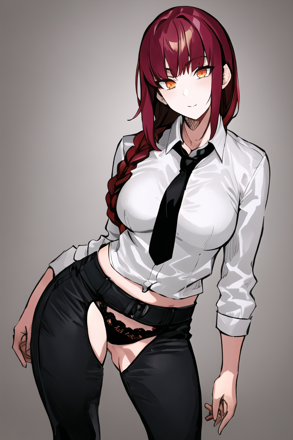 masterpiece, best quality, ultra-detailed, 1girl, crotchless pants, crotchless, lace panties, makima \(chainsaw man\), red hair, long braided hair, golden eyes, bangs, medium breasts, white shirt, necktie, black pants