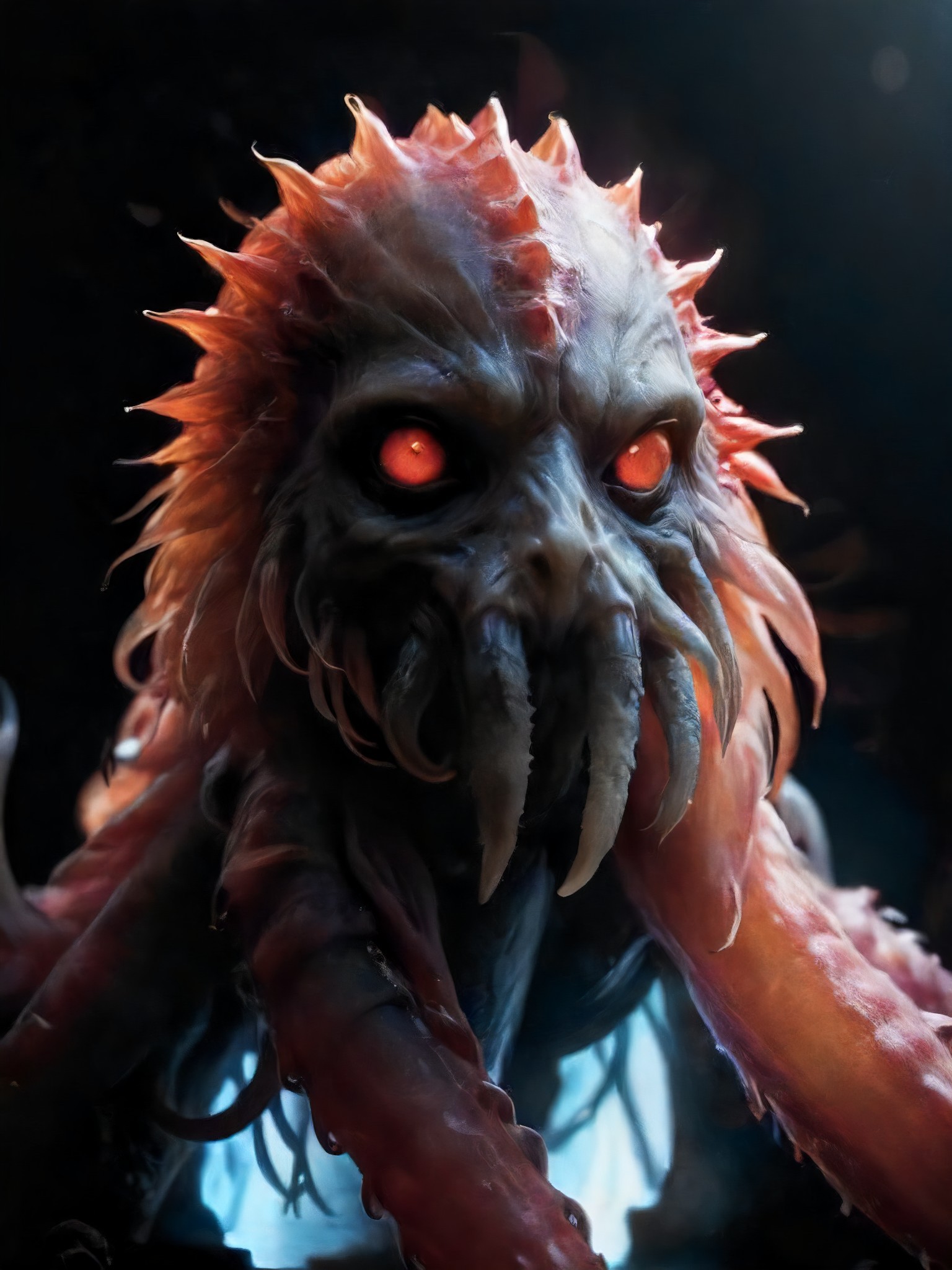 <lora:panos_cosmatos_final:1>,  panosc, 
monster, crystal skin, red haze, backlit, looking at viewer, black background, blue, realistic, tentacles