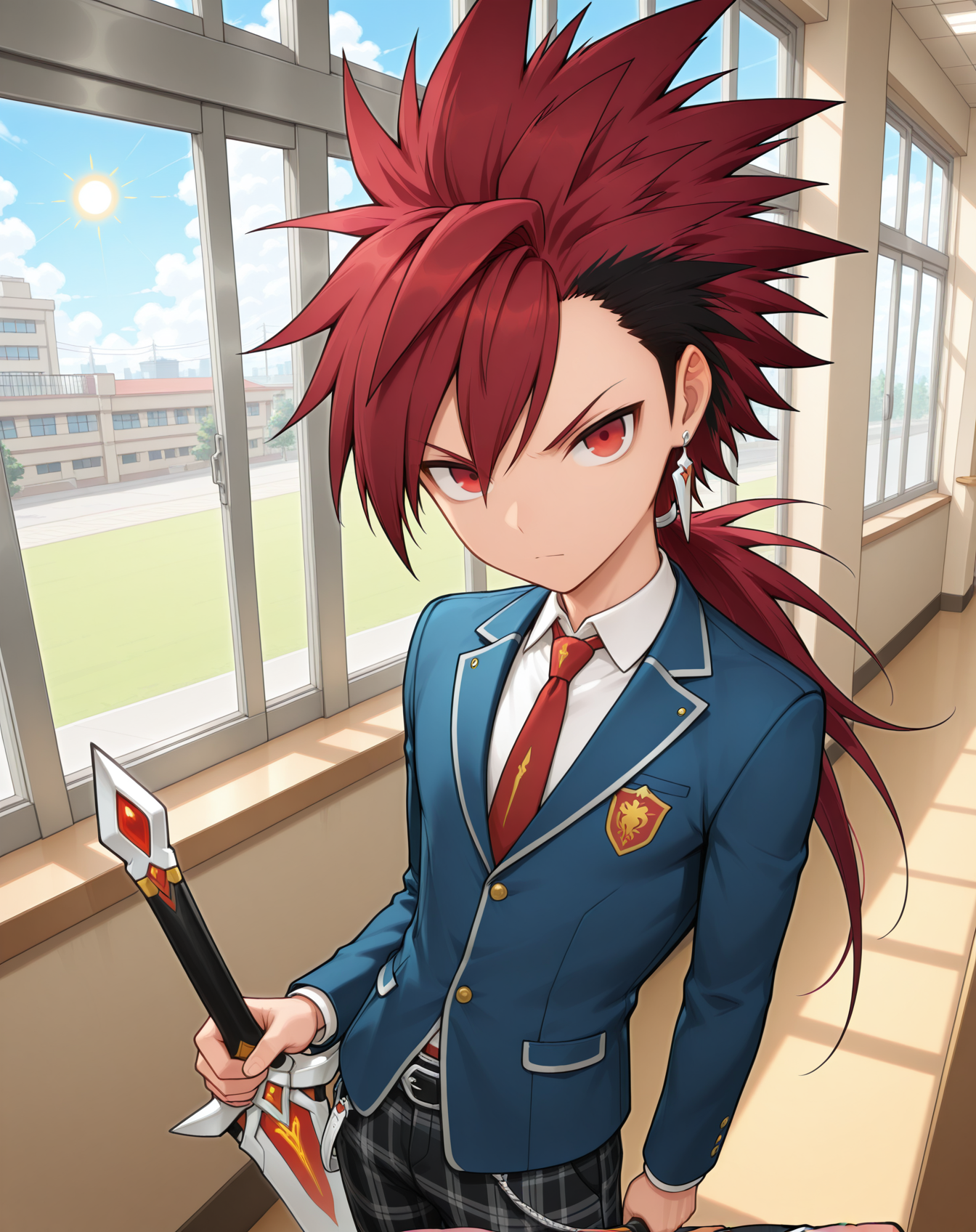 masterpiece,best quality,amazing quality, newest, very aesthetic, absurdres,
1boy, solo, yaoi, male focus, looking at viewer, cowboy shot,
<lora:Elsword_Infinity_Sword_ilxl:1>  elswordis, red hair, red eyes, sword, spiked hair, two-tone hair, ponytail, long hair, black hair, multicolored hair,
school uniform, white shirt, collared shirt, blue jacket, red necktie, black pants, plaid pants,
indoors, school, hallway, window, day, sun,
