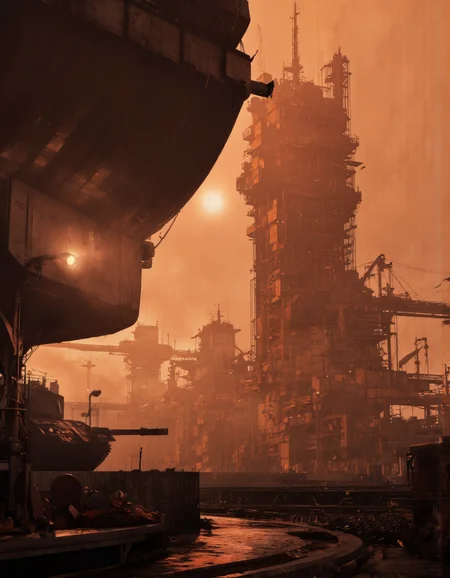 Art by Col Price & Arthur Yuan.
A digital illustration shoot from a far camera angle about a futuristic industrial landscape during sunset. the image features a large industrial area with tall buildings, cranes, and machinery, all shrouded in a thick layer of smog. the setting sun is visible in the background, casting a warm orange glow over the scene. on the left side of the image, a tank is visible, partially obscured by the smog, adding a sense of depth to the image. in the foreground, a streetlight illuminates the scene, casting an ethereal glow. the overall atmosphere is one of decay and industrial decay, with the industrial setting taking place in the distance.