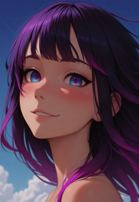 masterpiece, best quality, amazing quality, p0nyd1sney1ncasev1x0n2:1.5, 1girl, 25 years old, perfect face,
side view, detailed face, portrait, face focus, depth of field, looking at viewer, blush, shy smile, (close up),
gradient eyes, multicolored eyes, blue eyes, purple eyes,
multicolored hair, gradient hair, purple hair, blue hair, long hair,
sky, floating hair, wind,