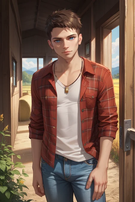 score_9, score_8_up, score_7_up, score_6_up
<lora:DmCDante:0.8>
DmCDante, 1boy, short hair, brown hair, blue eyes, looking at viewer, leaning against a rustic barn door, wearing a flannel shirt and jeans, golden fields in the background, late afternoon light, warm and inviting mood