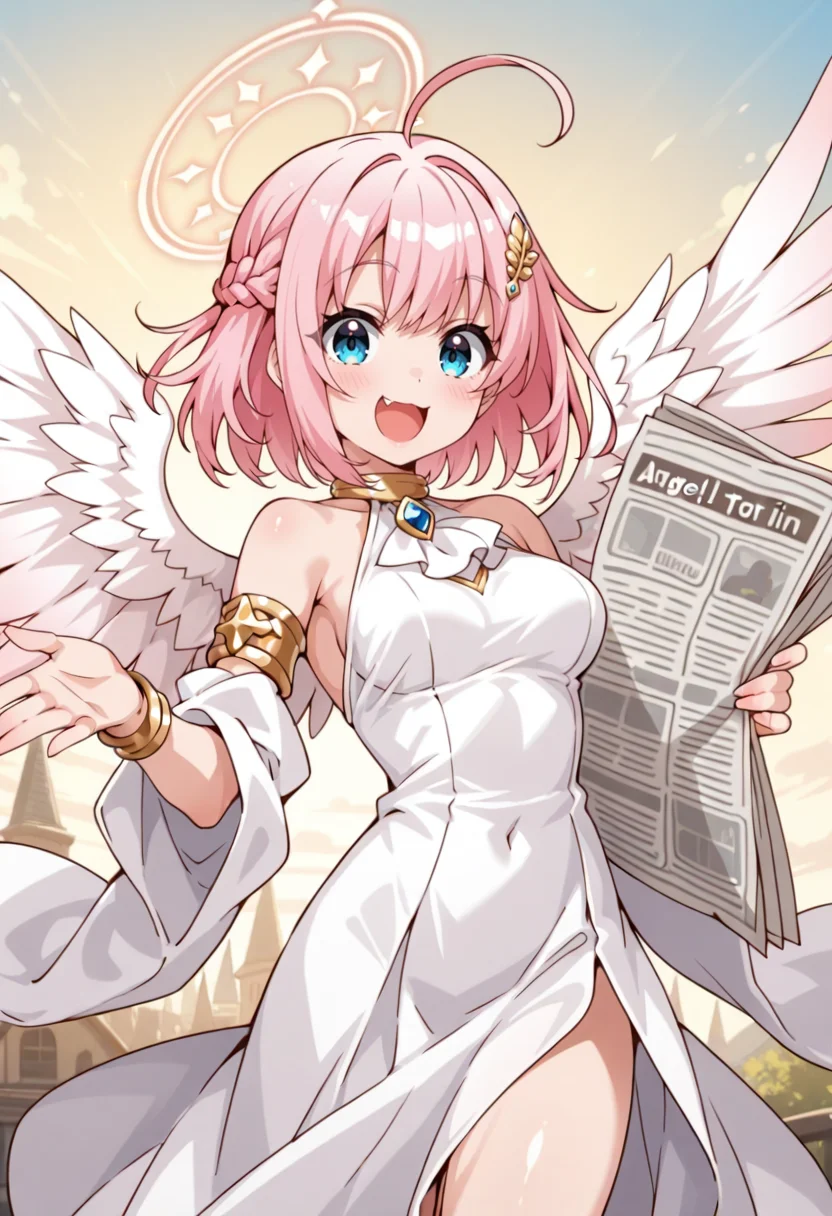Lucia, halo, angel wings, 1girl, solo, short hair, pink hair, ahoge, braid, bangs, hair ornament, blue eyes, medium breasts, fang, choker, white dress, blue brooch, armlet, bracelet, detached sleeves, wide sleeves, standing, handing out newspaper, holding holding newspaper, smile, open mouth
BREAK
outside, medieval town
BREAK
anime screencap, anime coloring, anime colored background, detailed background, detailed face, shiny skin, shiny hair, absurdes, highres, dynamic pose, masterpiece, best quality, official art, cel shaded, graphic illustration, digital painting, CGI, very detailed, amazing quality, intricate details, dynamic pose, HDR, UHD, 8K, Fineline illustration, Highly detailed, ultra-fine painting, sharp focus, Professional, Vivid Colors <lora:Lucia:1>