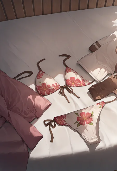 Prompt,
score_9,score_8_up,score_7_up,source_anime, <lora:clothes_removed:1> clothes removed, no humans,bed
<lora:elie-pdxl-nvwls-v1:1>  hairband, hair ribbon, front-tie bikini, floral print, side-tie bikini bottom