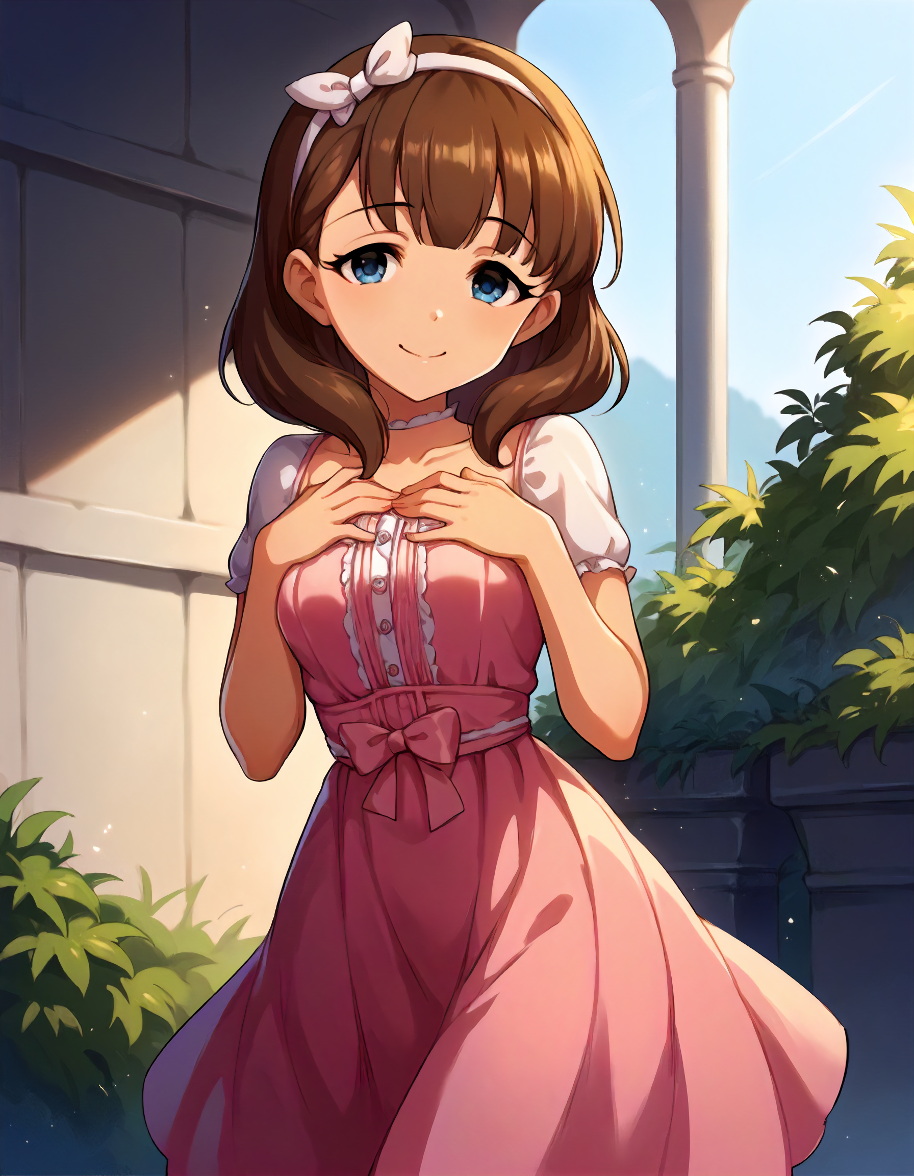 score_9,score_8_up,score_7_up,1girl,solo,cowboy shot,looking at viewer,smile,closed mouth,hands on own chest,outdoors,
<lora:sakumamayu_ponyXLV6:0.8>,cgsmmy,
brown hair,medium hair,blue eyes,
hairband,pink dress,bow