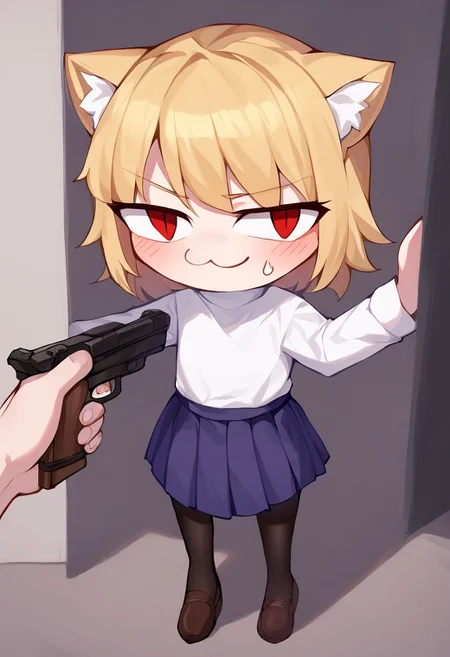 score_9, score_8_up, score_7_up, score_6_up, score_5_up, score_4_up, source_anime, 
pointing_gun,  gun, gunpoint, threatening, weapon,  pov hands, pov doorway, blush, 1boy, holding, solo focus, 
<lora:Fonglets_PointingGun_Pony_XL:1>  ,necoarc,blonde hair, red eyes, slit pupils, cat ears, :3, chibi,turtleneck, white shirt, blue skirt, pleated skirt, pantyhose, brown footwear, turtleneck, white shirt, purple skirt, pantyhose, smug face, sweatying