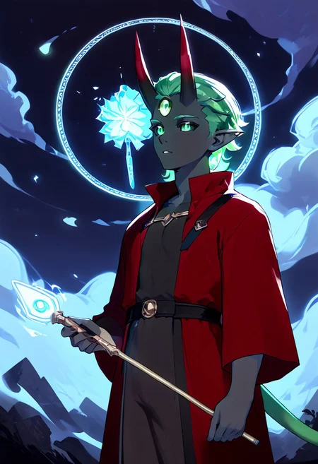 score_9, score_8_up, score_7_up, cyb3rn0va, te'kharoth, third eye, tail, horns, 1boy, sorcerer, green eyes, red tunic, magical circle, mystical aura, ethereal fog, outdoors, night, clouds, holding, wand, glowing,