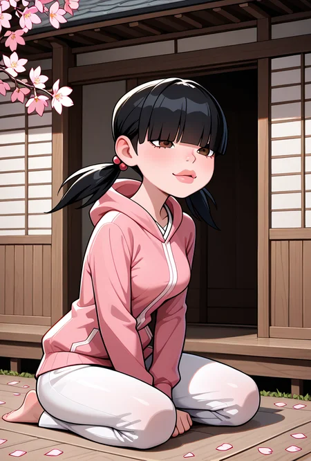 <lora:julieov:1>, julieov, black hair, twintails, 1girl, breasts, low twintails, pink hoodie, blunt bangs, hair ornament, jacket, long sleeves, brown eyes, lips, hair over eyes,, white skirts, expressive, wide face, visible eyes, kimono, japanese kimono, sitting on ground, wooden house, japanese dinner, japanese house, falling pink petals, cherry leaves,, masterpiece, best quality, amazing quality, very aesthetic, absurdres, newest,