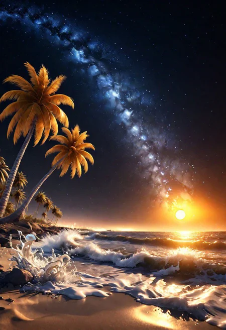 ocean, crashing waves SILVER LIQUID METAL , stars, moon, palm trees, beach, night, Inspiration, orange, yellow, 8k, best render, masterpiece, great, best scenery, beautiful, photorealistic, Milky Way, Night sky