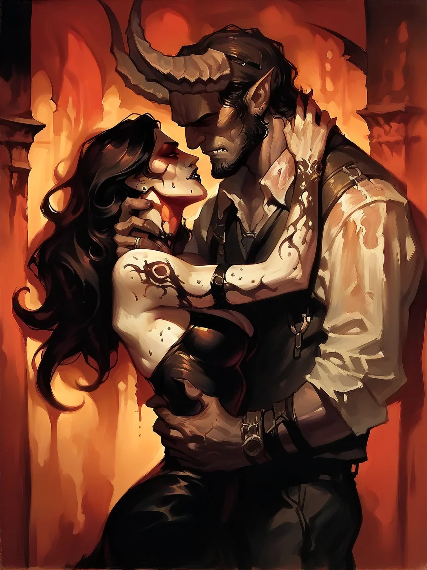 score_9, score_8_up, score_7_up, score_6_up, score_5_up, <lora:gopXLP:1> gop, oil painting \(medium\), 1girl, demon 1boy,