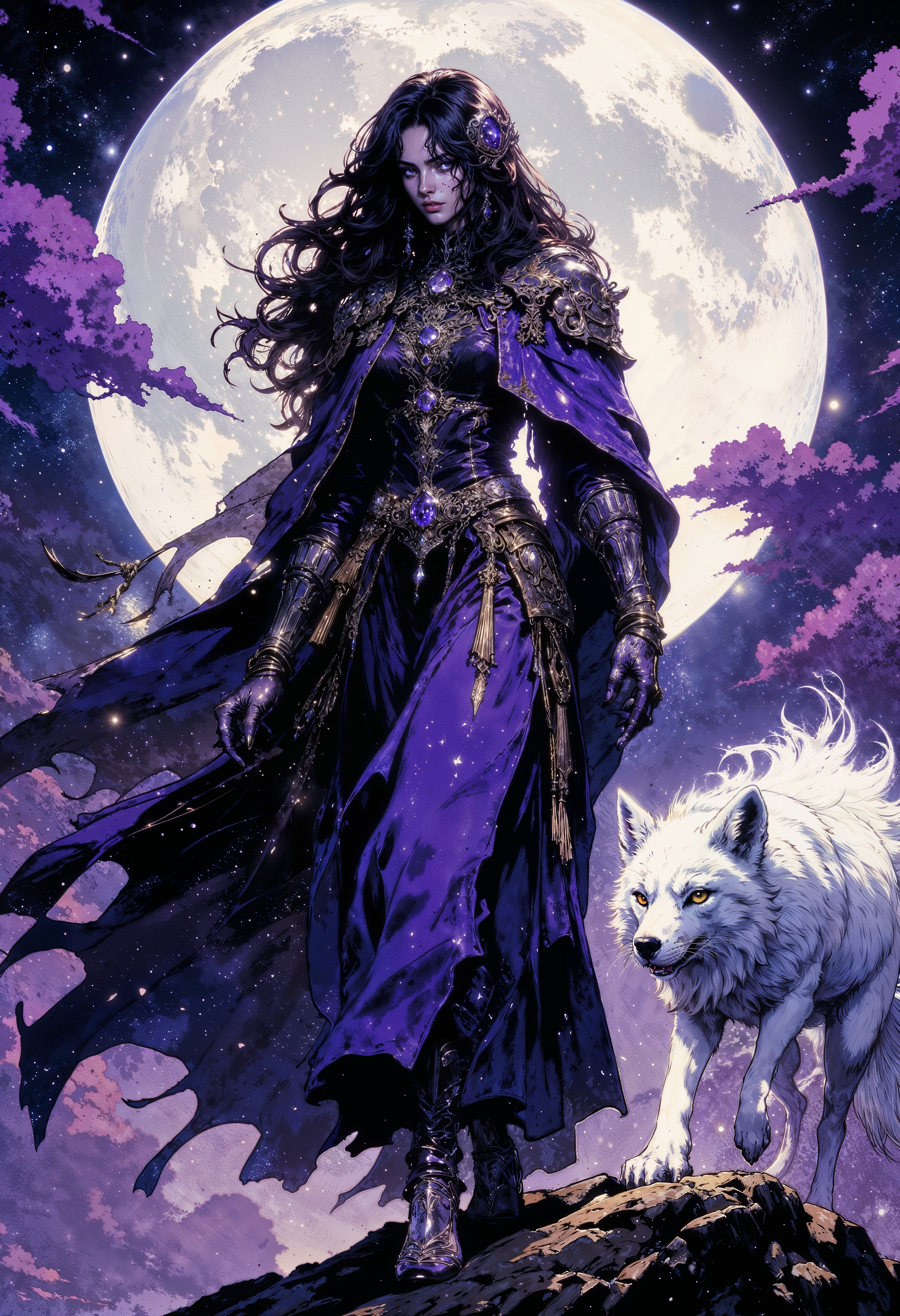 Bathed in the glow of a silver moon, the Moonshadow Enchantress moves gracefully through the twilight, her flowing robes woven from threads of starlight and midnight silk. Her long, dark hair is laced with shimmering constellations, and her amethyst eyes glisten with arcane knowledge. Beside her prowls a celestial fox with nine tails, each tipped with glimmering stardust. Its ethereal form shifts between shadow and light, its piercing silver eyes reflecting the mysteries of the cosmos. Wherever they wander, the air hums with the whisper of forgotten spells, and the stars seem to shine a little brighter in their wake.  <lora:RetroAnimeFluxV1:0.6> <lora:Comic book V2:0.6> <lora:FluxMythG0thicL1nes:0.6>  <lora:Elden_Ring_-_Yoshitaka_Amano:0.6>