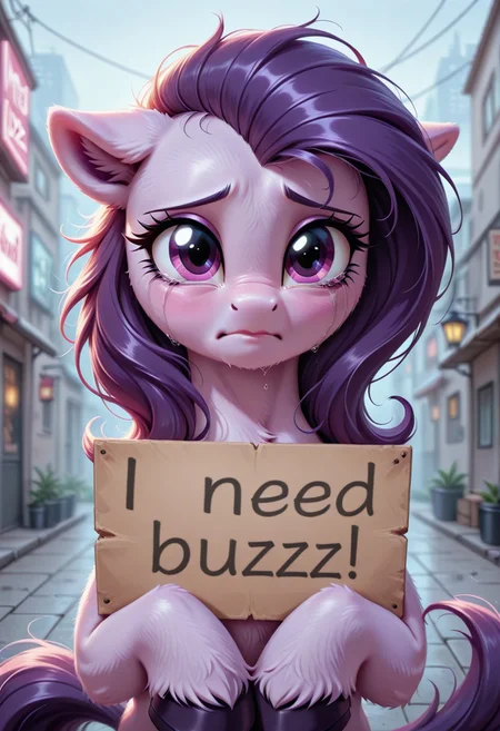 resolution,masterpiece,high resolution,my little pony,friendship is magic resolution,masterpiece,high resolution,solo,wild,pony,woman,crying,sad,
looks at the viewer
very sad,
feline_hybrid, lavender body, purple eyes, mane and tail that go from blue to dark purple, with wavy locks.
city
, need_buzz, holding sign saying "I need buzz" <lora:NeedBuzz_sign_Illustrious:1>need_buzz, holding sign