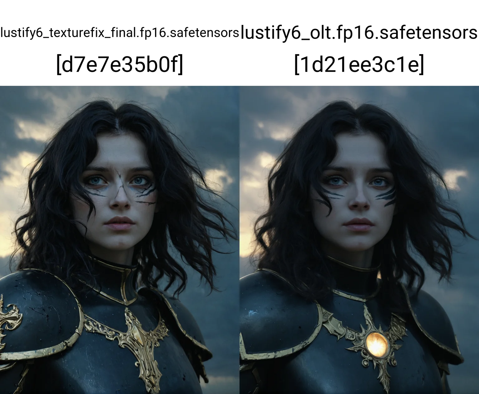 digital painting in a fantasy art style, a young woman with pale skin and dark wavy hair, her eyes illuminated by a beam of light, dramatic shadows across her face, damaged black metallic armor with golden accents, twilight sky with dark stormy clouds in the background, dark blues colors, focus on woman's face and upper body