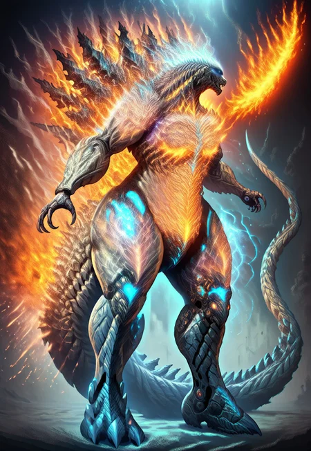 ([masterpiece, best quality, high resolution], score_9, score_8_up, score_7_up, score_6_up, fire, sparks, colorful, electricity, <lora:fflix_inlight:0.75>), (simple background, ulblackholetech, crystaltech, magic fog, excessive energy, scifi, ral-dstgrtptrn, cmth, fflix_inlight, ral-sprnva), (uncensored, (full body), horns, solo, detailed face, 1other, silver eyes, silver eye trail, glowing eyes), (neck tattoo, arm tattoo, leg tattoo, mechanical arms, giant mechanical arms, mecha musume, mechanical tail, muscular body, bulky torso, muscular arms, long arms, long legs, intricate glowing aether tattoos, runemagic), (red theme, anthro, alien, monster, kaiju, horn, spikes, bone, red eyes, no pupils, black body, white body, two tone body, exoskeleton, shin_godzilla, godzilla_earth, glowing veins, glowing body), (fiery patterns, fire elemental spirit, magmatic explosion, smoke, stardust, golden milky way, magic fog, lumina, mystical, multicolored, glowing, magic swirling, glowing magical energy)
