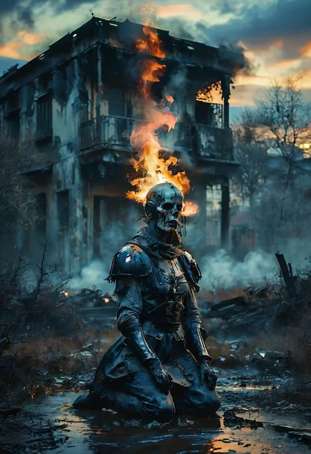 (Full body photograph, ultra-realistic:1.2). score_9, score_8_up, score_7_up, female gothic sexbomb knight , portrait, kneeling, defeated, tired, gothic armor, open helmet, temple, reflections, highly detailed, film grain, <lora:zy_Realism_Enhancer_v1:0.75>
BREAK scenery. sky. outdoors. cloud. fire. building. tree. burning. cloudy sky. smoke. sunset. nature. city. cityscape. blue sky. The photograph captures a moment during sunset with dramatic cloud formations that are tinged by fiery oranges and deep purples against an otherwise muted sky.
<lora:MoodySky_set2:0.33:0.67>