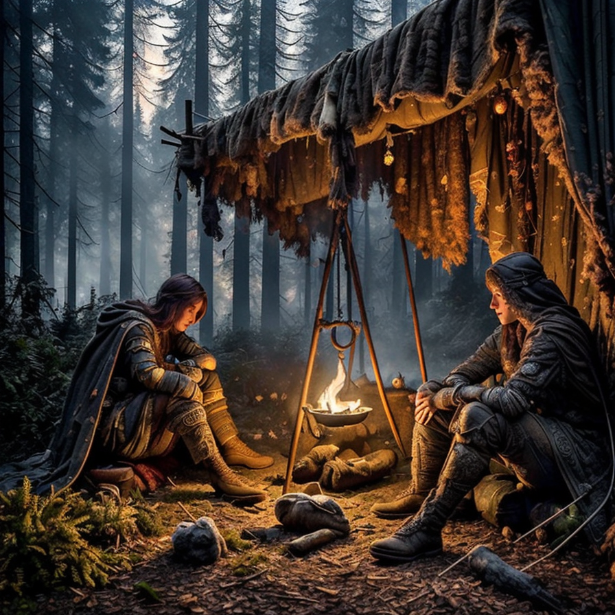 RAW photo, (masterpiece:1.3), subsurface scattering, heavy shadow, (high quality:1.4), (intricate, high detail:1.2), professional photography, HDR, High Dynamic Range, realistic, ultra realistic, photorealistic, high resolution, film photography, ambient lighting, atmospheric effects, <lora:detail_slider_v4:2>, OverallDetail,  <lora:Campsite:1>, and, background, campsite, fire, full, inside, people, sitting, the, with, woods, tent, epiCPhoto