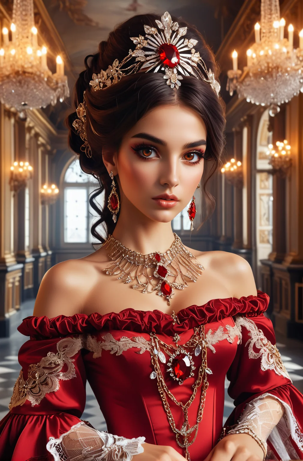 crystallized immortal woman, off shoulder red dress, brown eyes, hip-hop chain, bling , synaptic lace burst, chronic crease, shattering time, <lora:GeorgianStyleLocal:0.6> GeorgianStyle