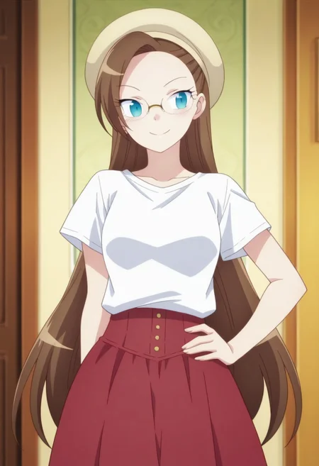 masterpiece,best quality,amazing quality, katarina claes, brown hair, blue eyes, long hair, 1girl, solo, glasses, smile, shirt, hand on hip, white shirt, red skirt, very long hair, skirt, short sleeves, hat