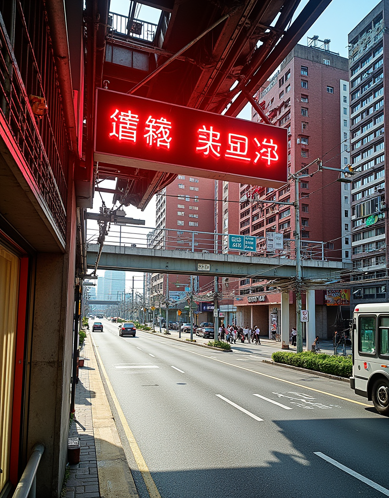 <lora:citybkgv2:1> citybkg, cyberpunk, day, ambiance, sunny, detailed, streets, traffic, futuristic, elevated highway, front view, billboards on buildings, high buildings, low buildings, people, bus station, street marking, stores, shop lights, illuminated, electric poles, signs,