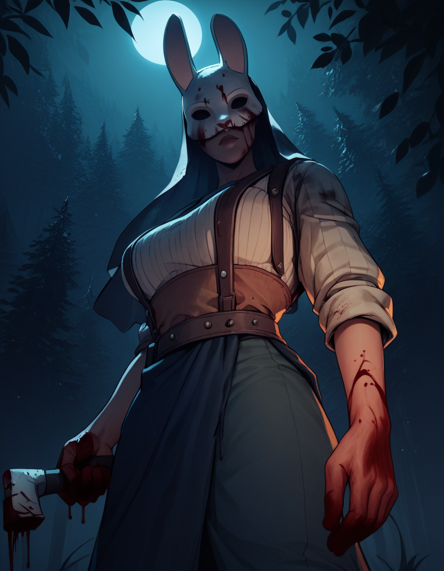 score_9, score_8_up, score_7_up,score_6_up, score_5_up, score_4_up ,
1girl, solo,
large breasts,
huntressdg, veil, mask,
low-key lighting, night, dark, forest,
 from below,  blood, blood on clothes, blood on hands, 
 <lora:Huntress DG PXL v01:1>