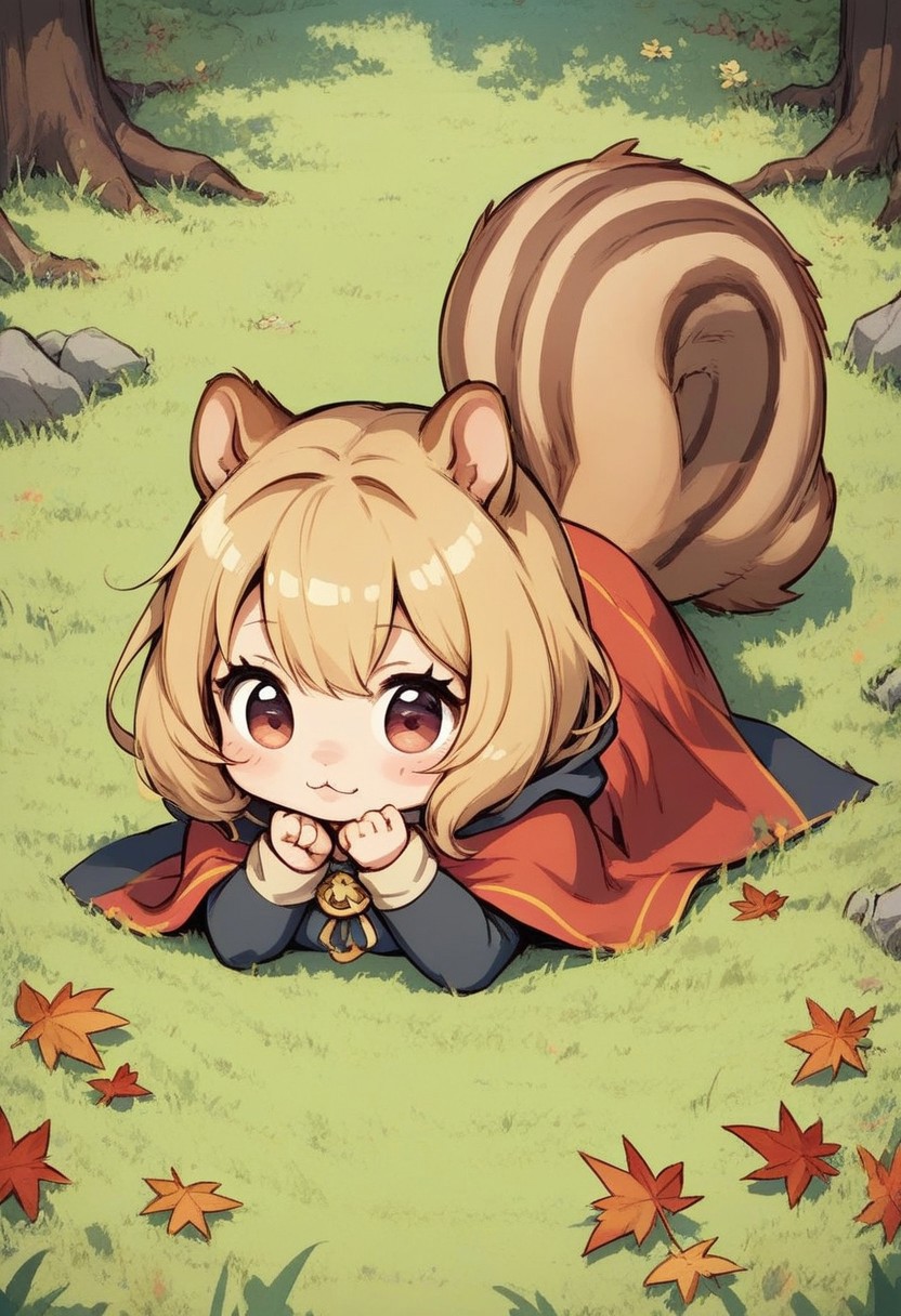 score_9, score_8_up, score_7_up, best quality, fine detail, cute, squirrel girl, chibi, lying down, forest background, trees, leaves, grass, rocks
