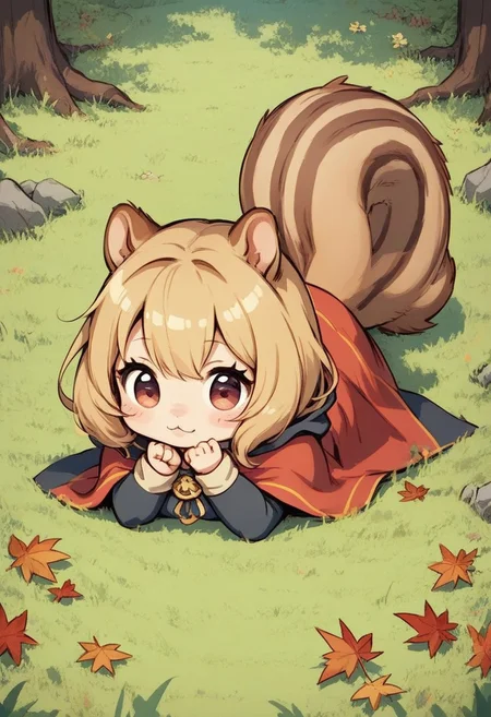 score_9, score_8_up, score_7_up, best quality, fine detail, cute, squirrel girl, chibi, lying down, forest background, trees, leaves, grass, rocks