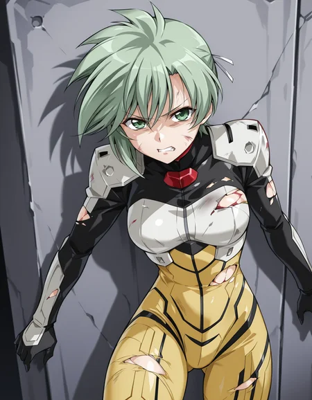 <lora:elnie-v2-illustrious-000040:1> elnie, pilot suit, (yellow bodysuit:0.6)
solo, defeat, battle damage, grimace, glaring, against wall