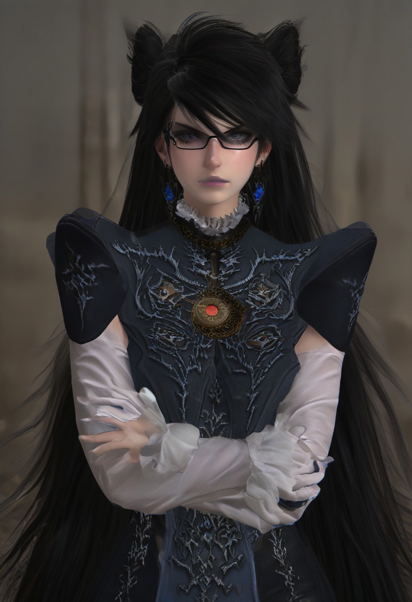 ,score_9, score_8_up, score_7_up,<lora:brawl_style_1_2_R:0.8>, 1girl, brawl, bayonetta 2, Black Hair, Very Long Hair, Epic Hair, Big Hair, Wavy Hair, Ponytail, Dual Bun, Brawl Stars Style, Blue Triangle Earrings, Gray Eyes, White Long Gloves, Long Sleeves, Black Skirt, Eyeglasses, Half Body, {{Sakimichan Style}}, Blue Lipstick,  source_anime