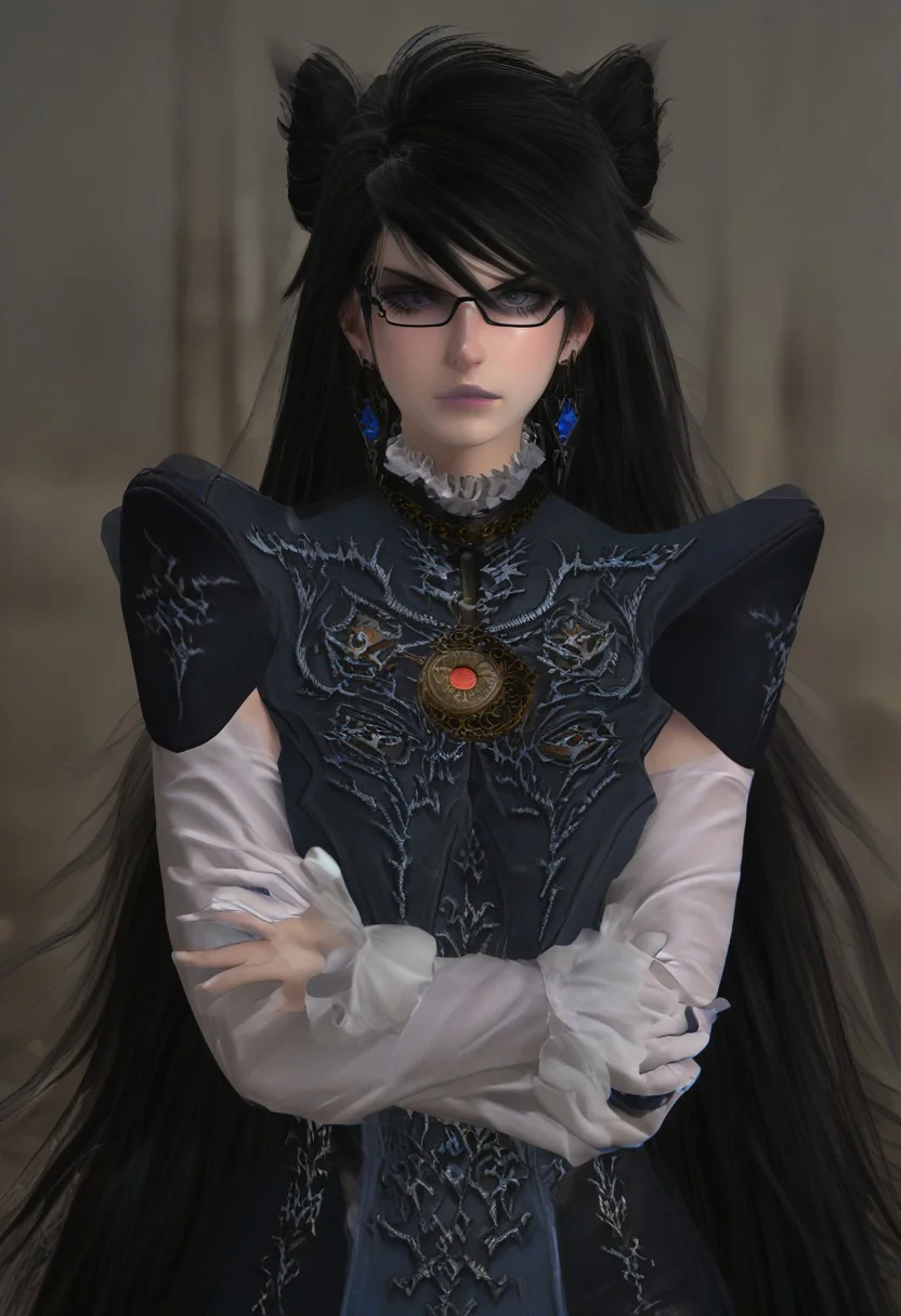 ,score_9, score_8_up, score_7_up,<lora:brawl_style_1_2_R:0.8>, 1girl, brawl, bayonetta 2, Black Hair, Very Long Hair, Epic Hair, Big Hair, Wavy Hair, Ponytail, Dual Bun, Brawl Stars Style, Blue Triangle Earrings, Gray Eyes, White Long Gloves, Long Sleeves, Black Skirt, Eyeglasses, Half Body, {{Sakimichan Style}}, Blue Lipstick, source_anime