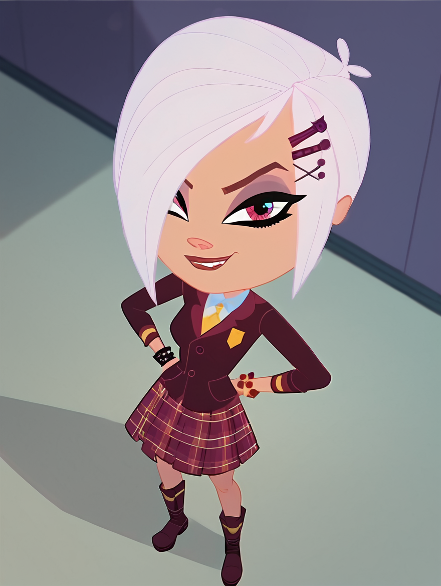 <lora:BrittanyBiskitMazzmer:1> 1 girl, brittanybiskit, smirk, lens effect, purple eyes, school hallway, high angle shot, skirt,  plaid skirt in burgundy and yellow lines, matching burgundy boots, looking at viewer, score_9, score_8_up, score_7_up, score_6_up, score_5_up, score_4_up,