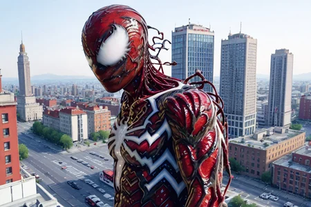 score_9_up, score_8_up, best quality, hdr, 8k, masterpiece, solo, peter parker, spider-man suit underneath,symbiote web ((venom:1.4)), black suit, symbiote suit, (venom head:1.4), (spiderman skiny body:1.4), evil symbiote eyes and symbol, carnage, teeth, monster, sharp teeth, claws, no humans, white eyes, (red skin:1.9), city background, skin color equally covers body
