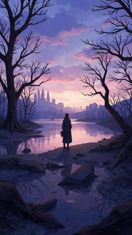 <lora:ck-LttleGhost-000011.safetensors:1> in the style of ck-lttlegh0stStanding at the edge of a desolate riverbank, where leafless trees stretch towards an eerie twilight sky painted with soft pastel hues. The once-thriving city is now shrouded in silence, yet beauty has taken hold amidst decay. A serene and haunting landscape that seems to capture time itself.