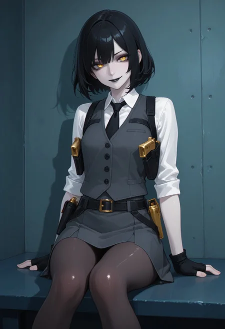 absurdres, masterpiece, best quality, very aesthetic, HDR, 8K, ultra-detailed, anime, 748cmstyle, sitting, pread legs,
1girl, MarigoldFO, solo, black hair, heterochromia, short hair, yellow eyes, black lips, pale skin, necktie, dark grey vest, white shirt, fingerless gloves, black gloves, belt, dark grey skirt, pantyhose, shoulder holster, holstered weapon, gun, skindentation, shiny skin, (skinny), evil smile,