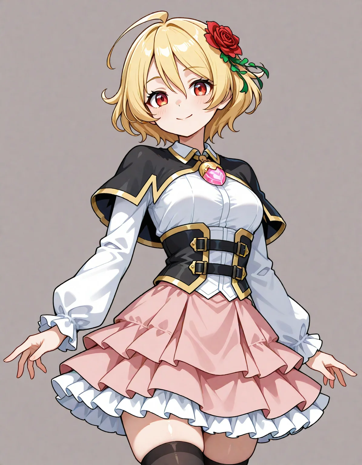 1girl,
very awa, ojmlihime, red eyes, blonde hair, short hair, hair flower, brooch, dress, white shirt, black corset, pink skirt, frilled skirt, layered skirt, black capelet, long sleeves, frills, black thighhighs, zettai ryouiki, simple background, from front, standing, solo, capelet, thighhigh, jewelry, looking at viewer, smile, cowboy shot, flower, skirt, closed mouth, breasts, shirt, corset, medium breast,
masterpiece, best quality, newest, highres, absurdres, sensitive
<lora:NoobV065sHyperDmd:1> <lora:OJ_Hime_IXL:1>