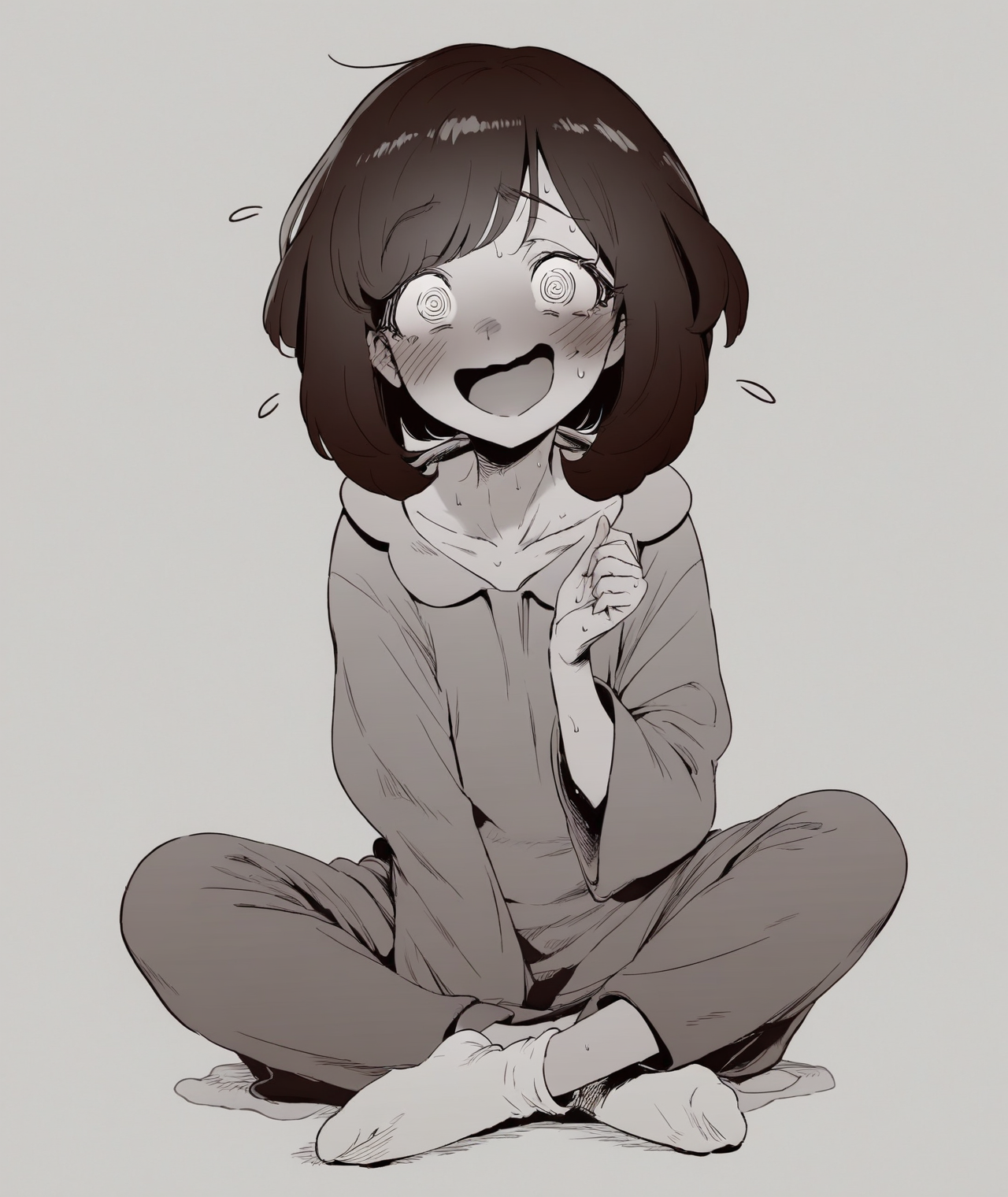 manga, 1girl, @_@, blush, collarbone, embarrassed, facing viewer, flying sweatdrops, full body, hand up, looking at viewer, medium hair, open mouth, raised eyebrows, selene \(pokemon\), simple background, sitting, socks, solo, sweat, white background, white socks, monochrome, pajamas, (nervous laugh, smile), comfy
BREAK
score_9, score_8_up, score_7_up, score_6_up, source_anime <lora:TER_Pony_1.1-000020:0.8>