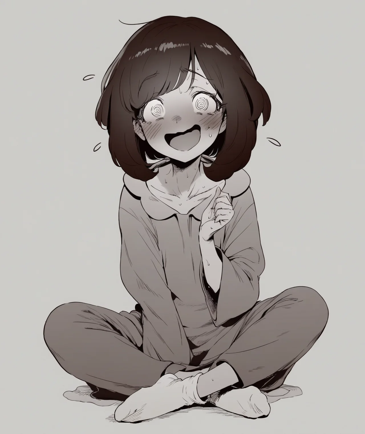 manga, 1girl, @_@, blush, collarbone, embarrassed, facing viewer, flying sweatdrops, full body, hand up, looking at viewer, medium hair, open mouth, raised eyebrows, selene \(pokemon\), simple background, sitting, socks, solo, sweat, white background, white socks, monochrome, pajamas, (nervous laugh, smile), comfy
BREAK
score_9, score_8_up, score_7_up, score_6_up, source_anime <lora:TER_Pony_1.1-000020:0.8>