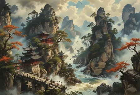 ultra fine detail, highly detailed and intricate details, cinematic, high definition, Tianzi Mountains, Chinese mountains, blue skies, forest, river, birds flying, sun behind mountain, shadow cast, The mountains are tall, there are few trees on the mountain, there are stone stairs leading up the mountains, the mountains pierce the sky, the clouds are swirling around the frog shaped mountains, the clouds are breaking apart allowing light to pass through them, there is an old monk walking up the stair case, the old monk is smoking from a pipe, there are red wooden guard railings along the stair case up the mountain, dragon fling between the mountains, advntr, (ink-style, ink_wash_painting),