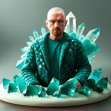rp_slgd, emeraldmorph, breaking bad style, walter white made of blue crystals, in a make-shift lab with a tray of many small blue emerald chunks in front of him. rp_slgd