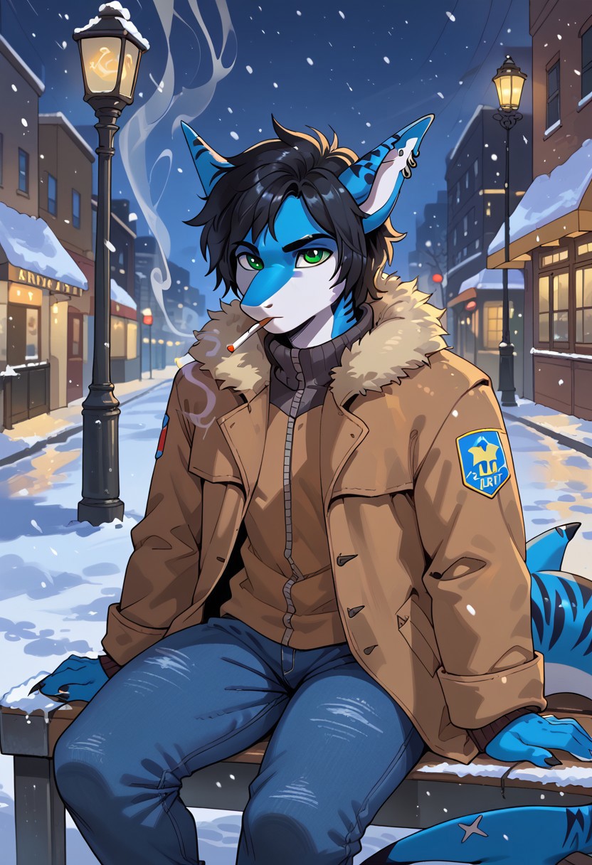 scappo,  score_9, score_8_up, score_7_up, 1boy, solo, lunarsunxl, anthro shark,dark blue skin, stripes on the body, short hair,lush hair,black hair, green eyes, shark tail, ear piercing, BREAK, Facing the viewer, looking up, looking away from the viewer, brown coat, blue jeans, smoking a cigarette, sitting on a bench, winter city, snowing, night, street lights, looking at a street light,