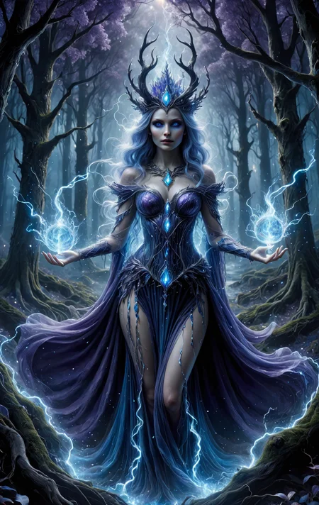 An award-winning DarkFantasy digital art piece, bathed in hues of mystical purple and blue, entitled "Enchantress of the Surreal Forest". A majestic sorceress in a flowing dress weaves her magic, holding glowing colorful magical orbs held in both ais-sparkz hands, enchantingly illuminated by lightning in the heart of an enchanted forest. (Beautiful detailed face, glowing softly:1.3), (beautiful detailed eyes, blue eyes:1.4), plum lipstick, beautiful detailed legs, beautiful detailed skin. The fantasy surrealistic style blends the mystical and the majestic. The spellbinding image has been lauded at the Academy Awards for Visual Effects and BAFTA Awards for Special Effects, featured in Art of the Fantastic, The Magazine of Fantasy & Science Fiction, and ImagineFX, and showcased at the Fantasy Art Gallery, Delusional Art, and Weta Workshop. dark magic, black night, fog <lora:Dark Fantasy:1.2> Dark Fantasy page <lora:Sparks_Style_SDXL:0.7>