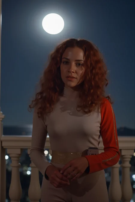 an african woman with long curly red hair walking on a balcony ovelooking a moon surface wearing s1999unf with right red sleeve<lora:S1999_FLUX><lora:aidmaMJ6.1-FLUX-V0.1:0.6><lora:Movie_Portrait><lora:Flux DetailerV2>