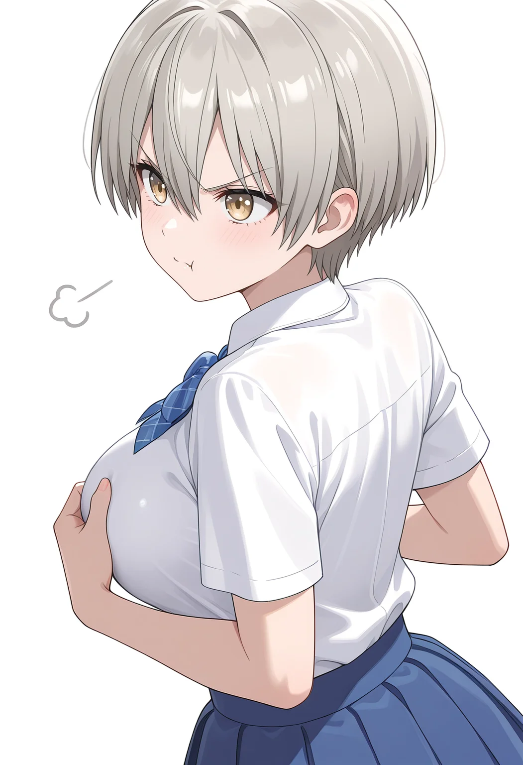 Smooth Quality,masterpiece,beautiful aesthetic, very intricate, high quality details, ultra realistic, high detailed skin,
simple background, white background,
from behind,:t,holding own breasts, dressing, skin tight, angry, holding own breasts, 
 <lora:Uzaki_Hanacnn:0.7> usakihana/cnn, 1girl, grey hair, hair between eyes, fang,shirt, large breasts,blue skirt,short hair,